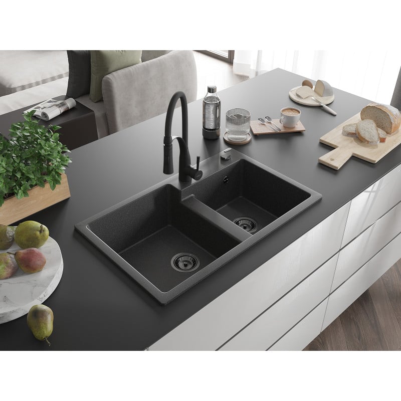 Mexen Tomas granite sink 2-bowl with Aster kitchen tap, black speckled - 6516-76-73450-70-B