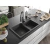 Mexen Tomas granite sink 2-bowl with Aster kitchen tap, black speckled - 6516-76-73450-70-B