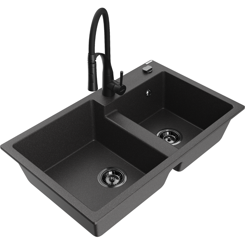 Mexen Tomas fregadero de granito de 2 compartimentos con grifo de cocina Aster, negro moteado - 6516-76-73450-70-B