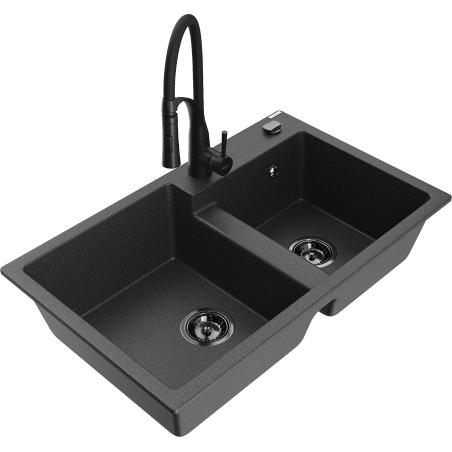 Mexen Tomas lava-louça de granito de 2 cubas com torneira de cozinha Aster, preto salpicado - 6516-76-73450-70-B