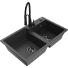 Mexen Tomas granite sink 2-bowl with Aster kitchen tap, black speckled - 6516-76-73450-70-B