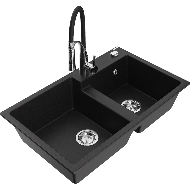 Mexen Tomas fregadero de granito de 2 compartimentos con grifo de cocina Aster, negro - 6516-77-73450-07