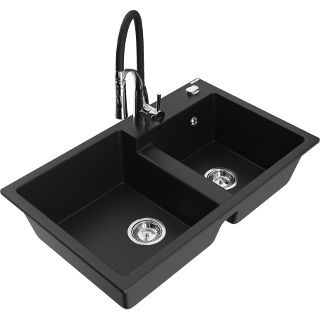 Mexen Tomas granit gootsteen 2-kamer met keukenmengkraan Aster, zwart - 6516-77-73450-07