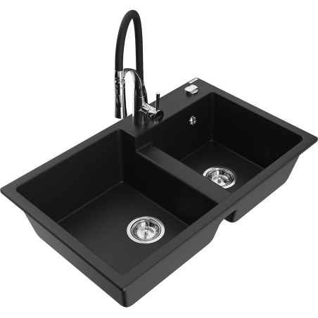Mexen Tomas granit sink 2-compartment with Aster kitchen faucet, black - 6516-77-73450-07