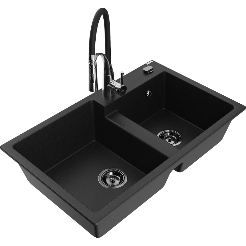 Mexen Tomas fregadero de granito de 2 compartimentos con grifo de cocina Aster, negro - 6516-77-73450-07-B
