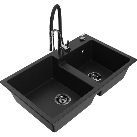 Mexen Tomas granite sink 2-bowl with Aster kitchen tap, black - 6516-77-73450-07-B