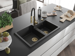 Mexen Tomas évier en granit 2 cuves avec robinet de cuisine Aster, noir - 6516-77-73450-57-G