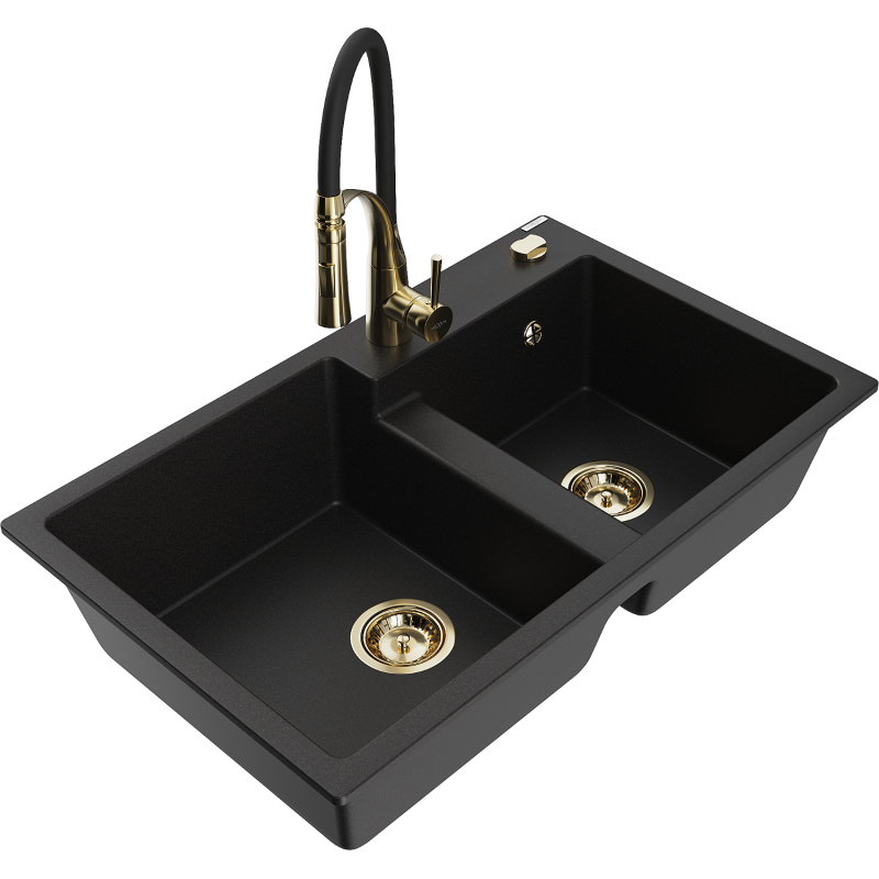 Mexen Tomas fregadero de granito de 2 senos con grifo de cocina Aster, negro - 6516-77-73450-57-G