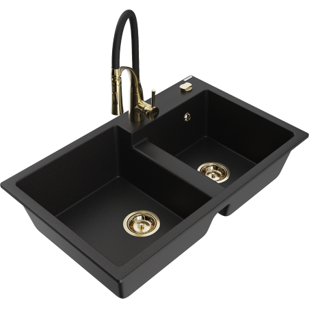 Mexen Tomas Granite 2-Bowl Sink with Aster Kitchen Tap, Black - 6516-77-73450-57-G