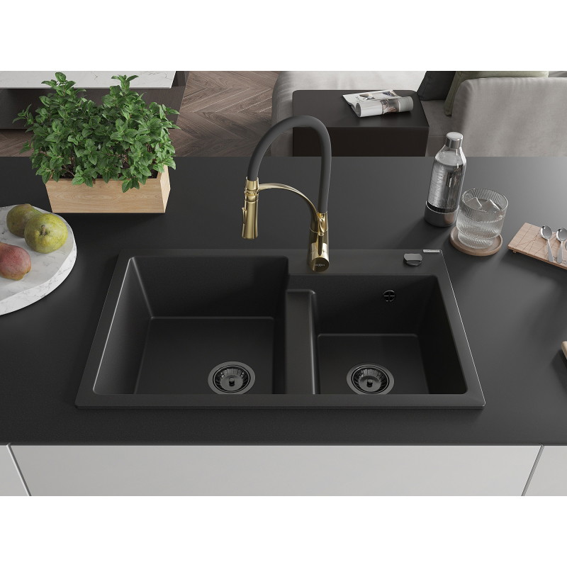 Mexen Tomas fregadero de granito de 2 compartimentos con grifo de cocina Aster, negro - 6516-77-73450-57-B