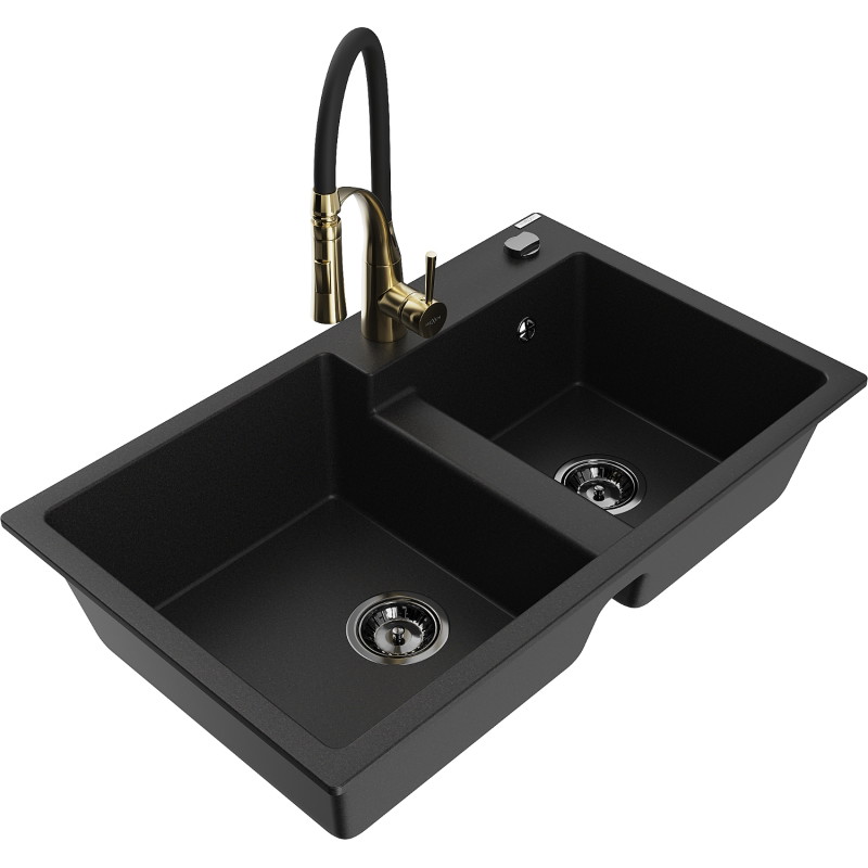 Mexen Tomas fregadero de granito de 2 compartimentos con grifo de cocina Aster, negro - 6516-77-73450-57-B