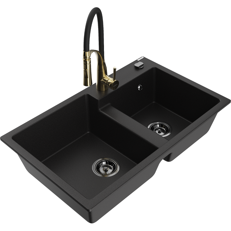 Mexen Tomas graniittinen 2-allas keittiöallas keittiöhanalla Aster, musta - 6516-77-73450-57-B