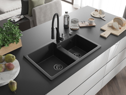 Mexen Tomas fregadero de granito de 2 compartimentos con grifo de cocina Aster, negro - 6516-77-73450-70-B