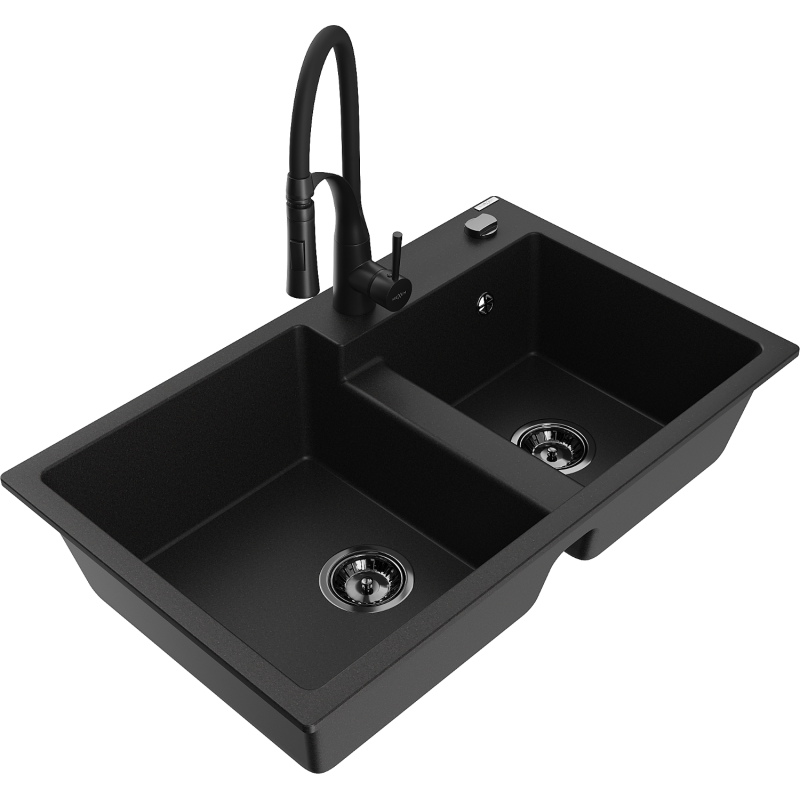 Mexen Tomas divpadsmit granīta izlietne ar divām kamerām un Aster virtuves jaucējkrānu, melns - 6516-77-73450-70-B