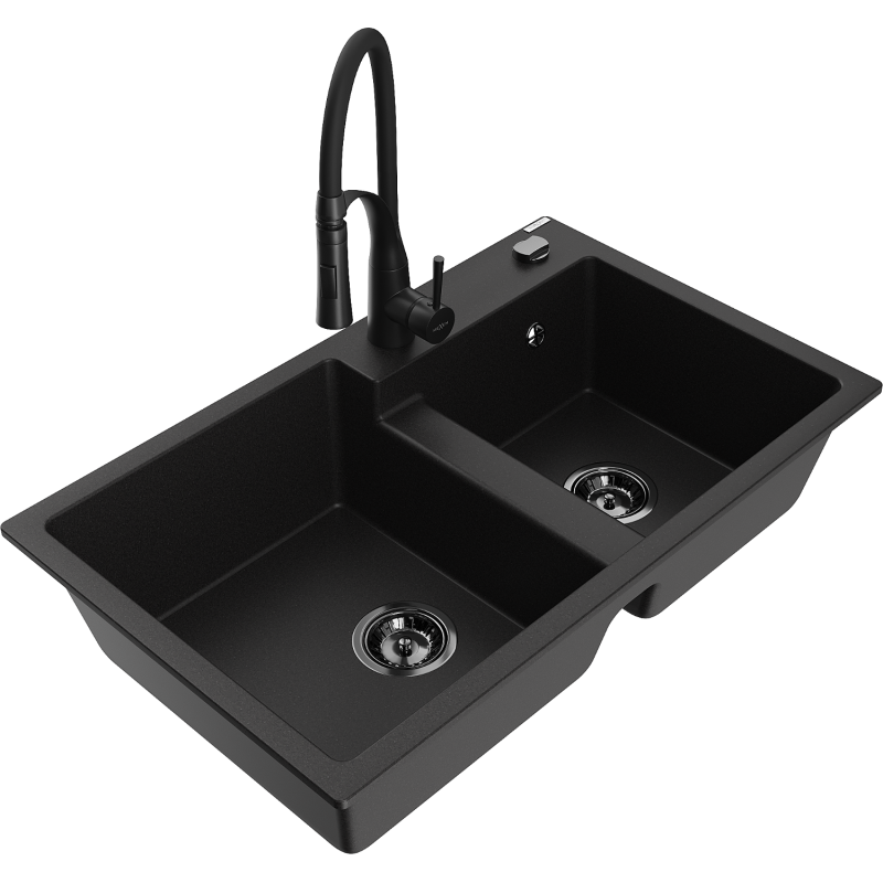 Mexen Tomas granite sink 2-bowl with Aster kitchen tap, black - 6516-77-73450-70-B