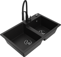 Mexen Tomas granite sink 2-bowl with Aster kitchen tap, black - 6516-77-73450-70-B