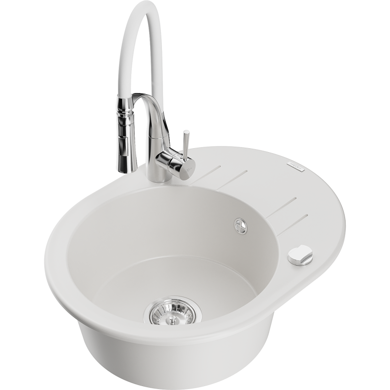 Mexen Kevin fregadero de granito de 1 cubeta con escurridor y grifo de cocina Aster, blanco - 6517-20-73450-02