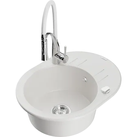 Mexen Kevin évier en granit 1 bac avec égouttoir et robinet de cuisine Aster, blanc - 6517-20-73450-02