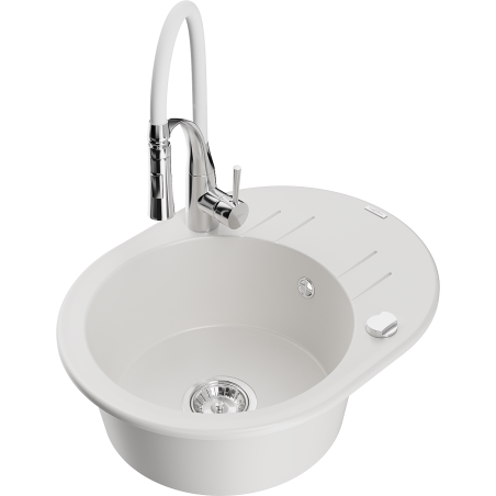 Mexen Kevin fregadero de granito de 1 cubeta con escurridor y grifo de cocina Aster, blanco - 6517-20-73450-02
