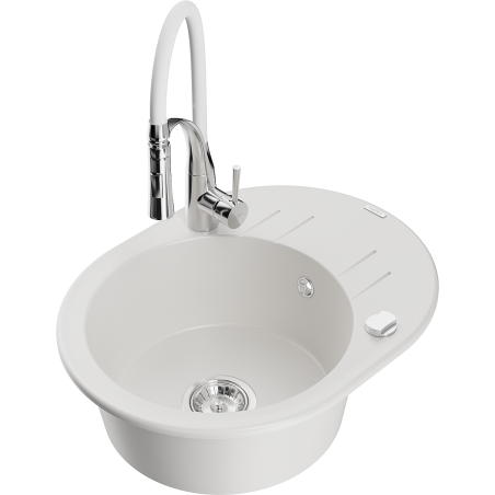 Mexen Kevin granite kitchen sink 1-bowl with drainer and Aster kitchen faucet, white - 6517-20-73450-02