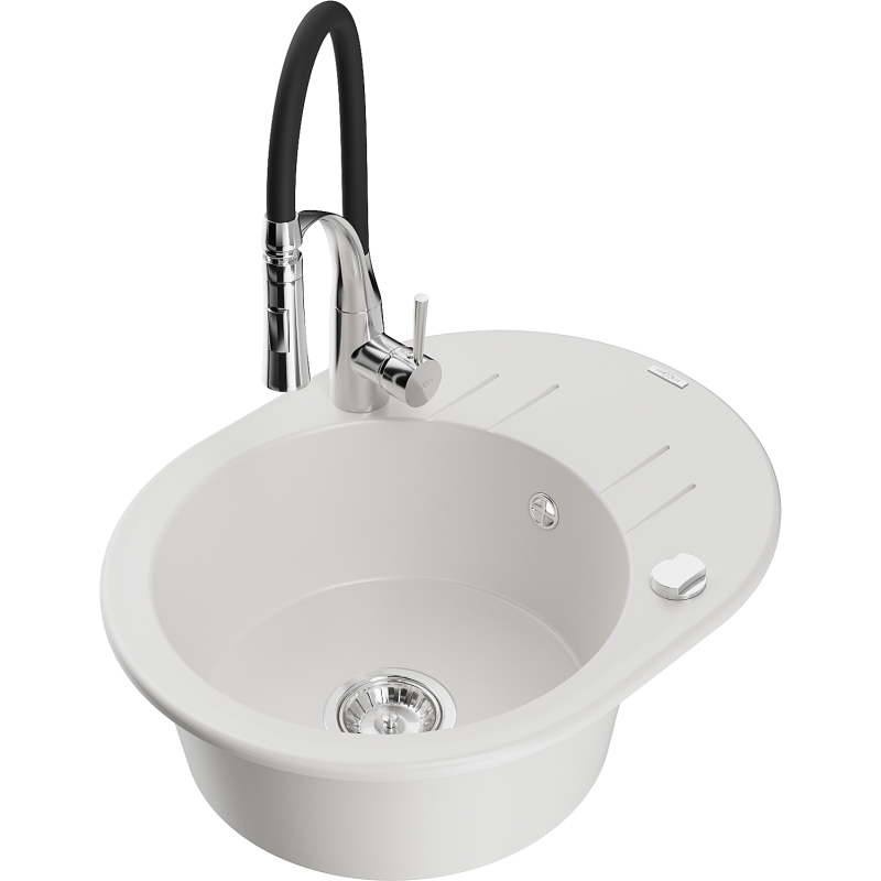 Mexen Kevin fregadero de granito de 1 cubeta con escurridor y grifo de cocina Aster, blanco - 6517-20-73450-07