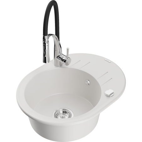 Mexen Kevin lava-loiça de granito de 1 câmara com escorredor e torneira de cozinha Aster, branco - 6517-20-73450-07