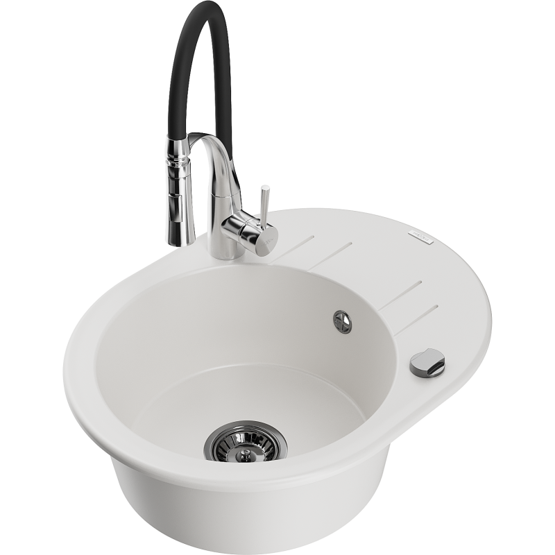 Mexen Kevin fregadero de granito de 1 compartimento con escurridor y grifo de cocina Aster, blanco - 6517-20-73450-07-B
