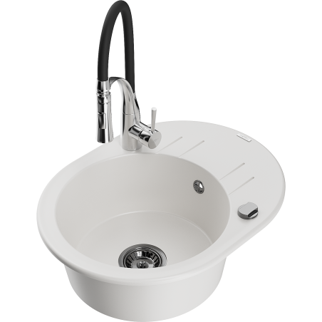Mexen Kevin fregadero de granito de 1 compartimento con escurridor y grifo de cocina Aster, blanco - 6517-20-73450-07-B