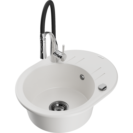 Mexen Kevin granite sink single-bowl with drainer and Aster kitchen tap, white - 6517-20-73450-07-B