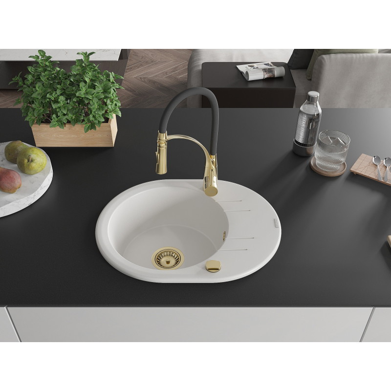 Mexen Kevin fregadero de granito de 1 cubeta con escurridor y grifo de cocina Aster, blanco - 6517-20-73450-57-G