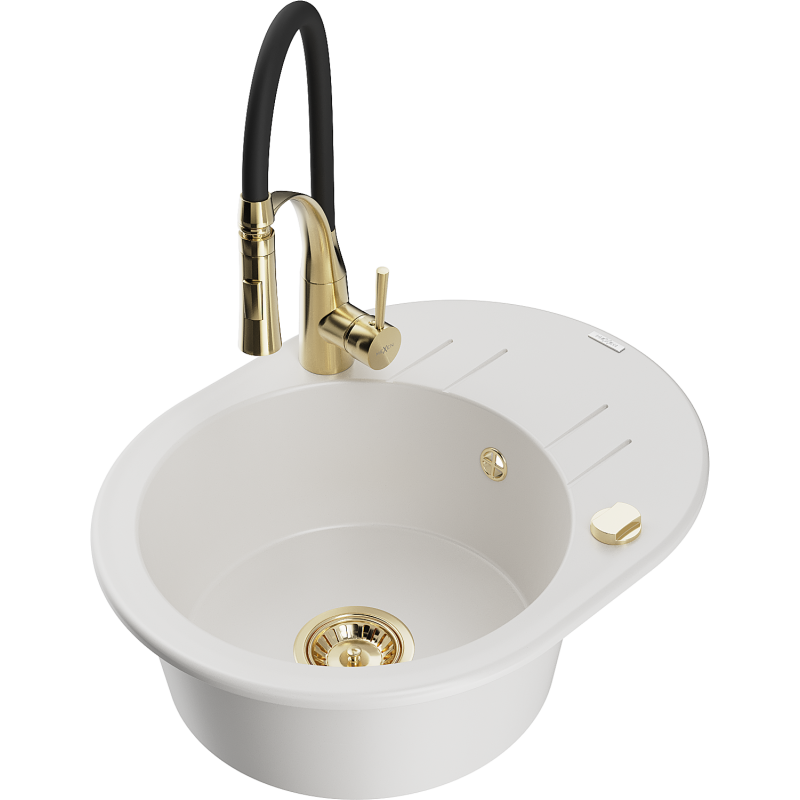 Mexen Kevin fregadero de granito de 1 cuenco con escurridor y grifo de cocina Aster, blanco - 6517-20-73450-57-G