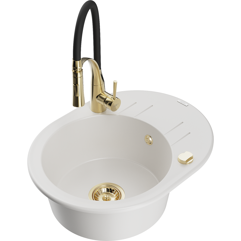 Mexen Kevin lavello in granito 1-vasca con scolapiatti e rubinetto da cucina Aster, bianco - 6517-20-73450-57-G