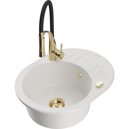 Mexen Kevin fregadero de granito de 1 cuenco con escurridor y grifo de cocina Aster, blanco - 6517-20-73450-57-G