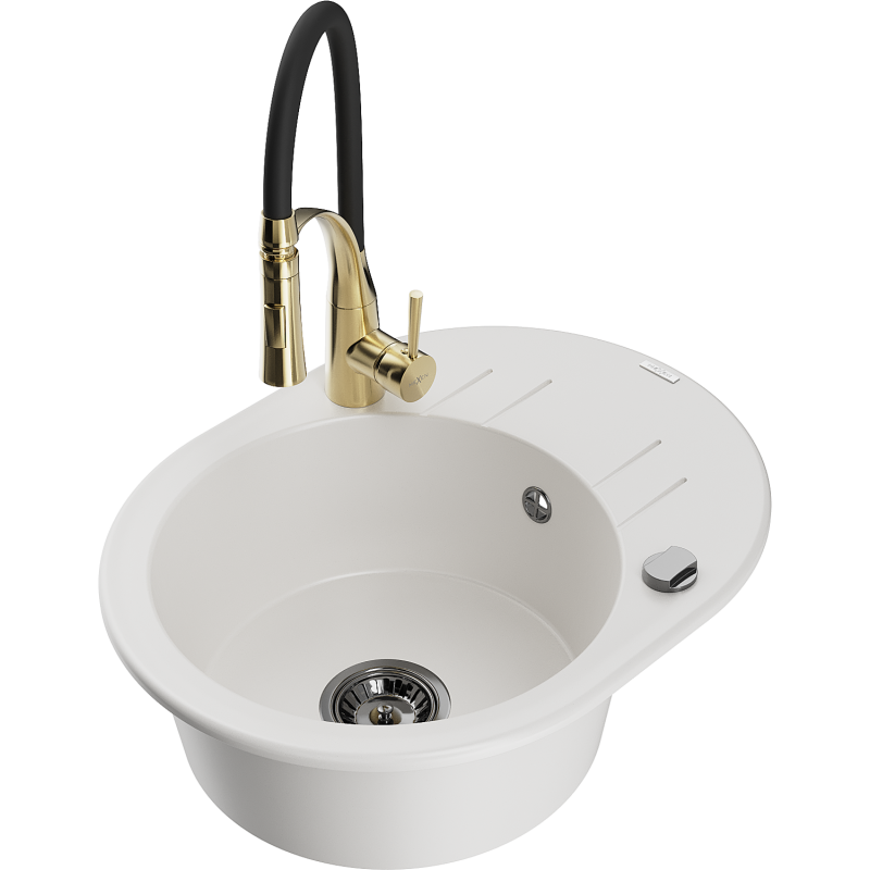 Mexen Kevin lava-loiça de granito de uma cuba com escorredor e torneira de cozinha Aster, branco - 6517-20-73450-57-B