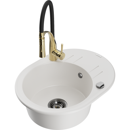 Mexen Kevin granite kitchen sink 1-bowl with drainer and Aster kitchen tap, white - 6517-20-73450-57-B