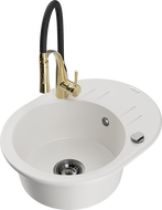 Mexen Kevin granite kitchen sink 1-bowl with drainer and Aster kitchen faucet, white - 6517-20-73450-57-B
