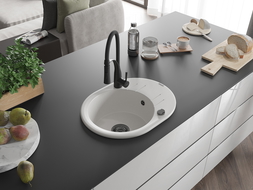 Mexen Kevin lavello in granito con 1 vasca con gocciolatoio e miscelatore cucina Aster, bianco - 6517-20-73450-70-B