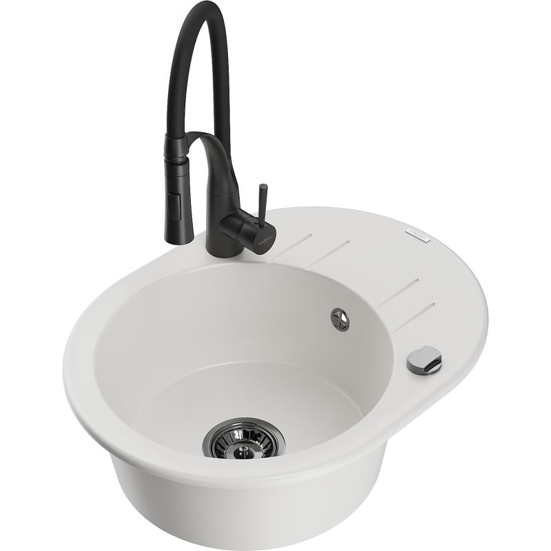 Mexen Kevin fregadero de granito de 1 seno con escurridor y grifo de cocina Aster, blanco - 6517-20-73450-70-B