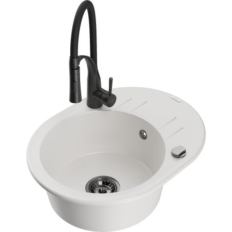 Mexen Kevin lavello in granito con 1 vasca con gocciolatoio e miscelatore cucina Aster, bianco - 6517-20-73450-70-B