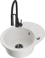 Mexen Kevin granite sink 1-bowl with drainer and kitchen faucet Aster, white - 6517-20-73450-70-B