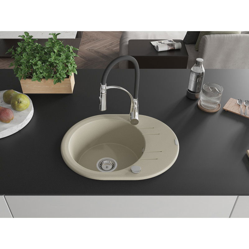 Mexen Kevin Granitspullplang mat 1-Komor mat Drainboard a Kichenhahn Aster, beige - 6517-69-73450-07