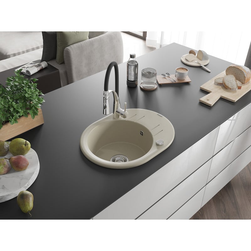 Mexen Kevin fregadero de granito de 1 cubeta con escurridor y grifo de cocina Aster, beige - 6517-69-73450-07