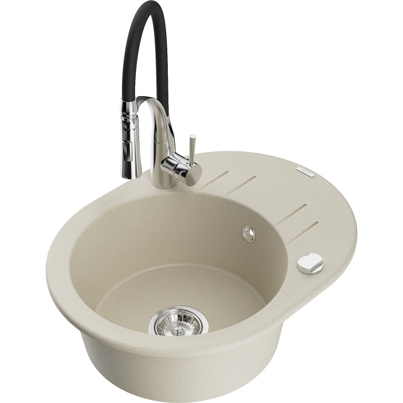 Mexen Kevin granitische spoelbak met 1 kamer, afdruiprek en keukenkraan Aster, beige - 6517-69-73450-07