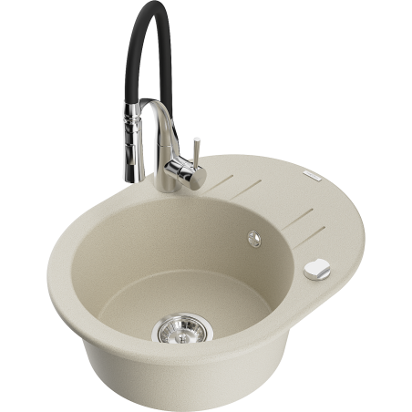 Mexen Kevin granitische spoelbak met 1 kamer, afdruiprek en keukenkraan Aster, beige - 6517-69-73450-07