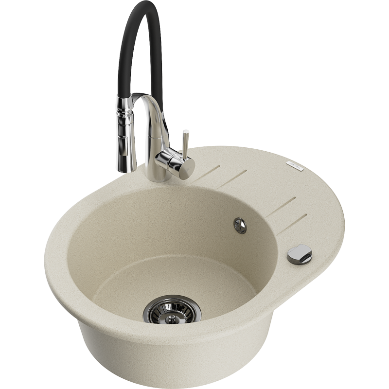 Mexen Kevin fregadero de granito 1 seno con escurridor y grifo de cocina Aster, beige - 6517-69-73450-07-B