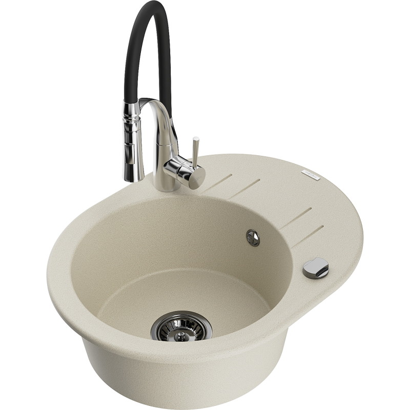 Mexen Kevin fregadero de granito de 1 cubeta con escurridor y grifo de cocina Aster, beige - 6517-69-73450-07-B