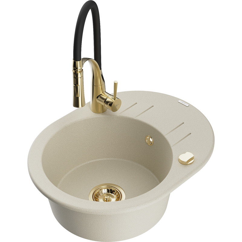 Mexen Kevin granitspüle 1-becken mit abtropffläche und küchenarmatur Aster, beige - 6517-69-73450-57-G