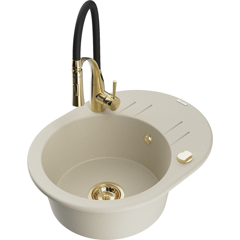 Mexen Kevin vienas granīta izlietne ar noteku un virtuves jaucējkrānu Aster, bēšs - 6517-69-73450-57-G