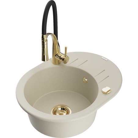 Mexen Kevin granieten spoelbak 1-komerig met afdruiprek en keukenkraan Aster, beige - 6517-69-73450-57-G