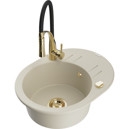 Mexen Kevin vienas granīta izlietne ar noteku un virtuves jaucējkrānu Aster, bēšs - 6517-69-73450-57-G